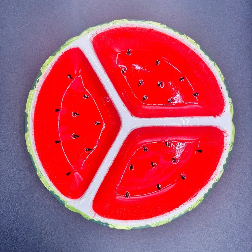 Watermelon Ceramic Serving Set Divided Tray Creamer Sugar Summer Decor 3pc 9